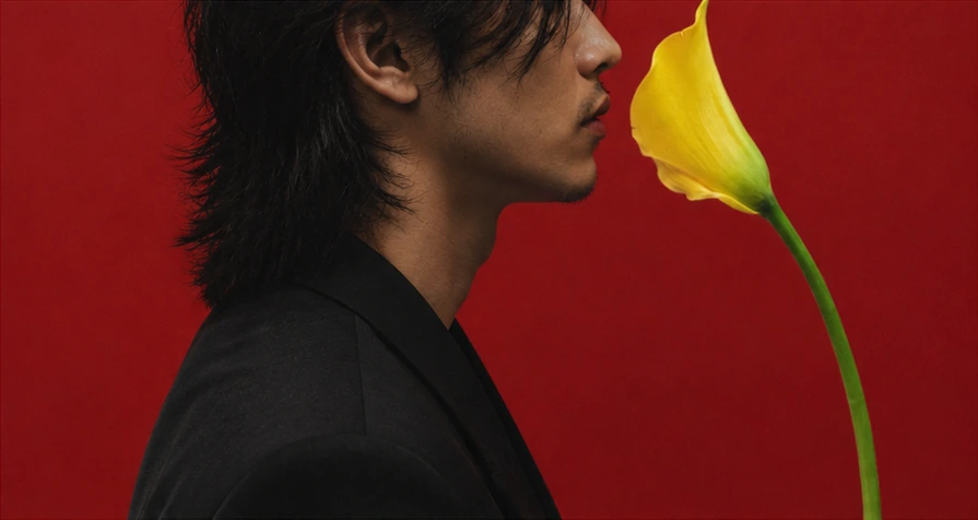 BrozKey editorial portrait in profile facing a yellow flower against a red backdrop