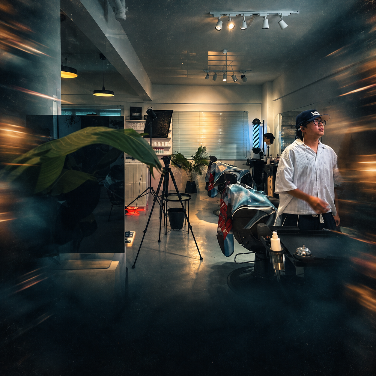 Cinematic poster of The Brozkey Club interior with barber chairs and greenery