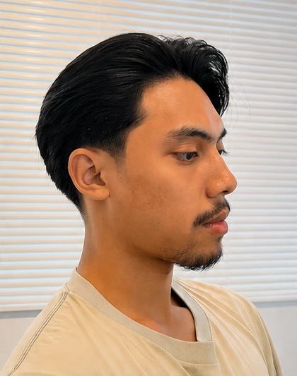 Look 01, after Brozkey keratin. Side profile comparison.